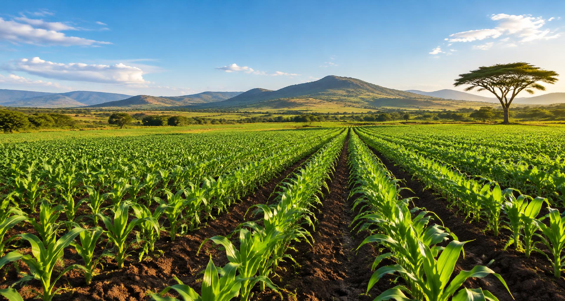 Sunlit crop fields and rolling hills in Southern Africa